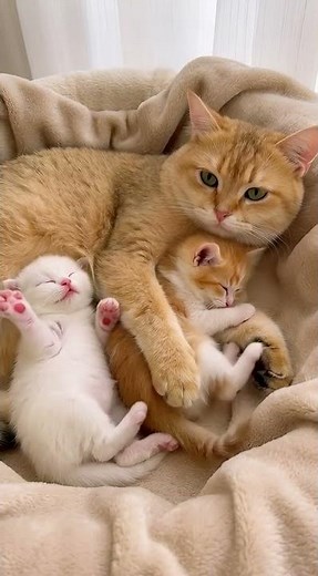 Sweet Dreams: Tiny Kittens and Their Protective Mother