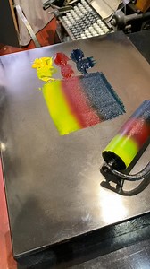 Rolling out 3 colors of ink with a brayer on the ink stone in preparation for letterpress printing in the print shop exhibit at the Sacramento History Museum. The order from left to right is yellow, red, and green. As Jared demonstrates, this is done to create an even layer of ink on the ink stone and brayer. The remaining ink at the top of the stone will gradually be rolled out as more prints are made. #ink #unintentionalasmr #oddlysatisfying #art #SacHistoryMuseum #sacramento #museum #history 