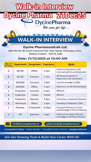 Walk-in Interview I Dycine Pharma | 211225 #job #pharma
