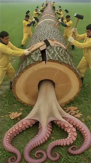Octopus Emerging from Tree Trunk! 🐙🌳 Surreal Woodcutting Scene
