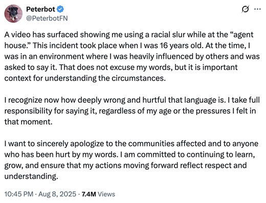 Peterbot apology tweet | Peterbot N-word with Hard R Controversy