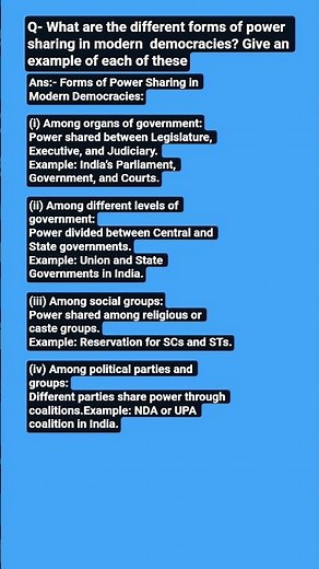 What are the different forms of power sharing in modern democracies? Give an examp. of each of these
