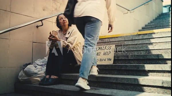 Angry woman showing aggression to homeless old female asking for help on stairs