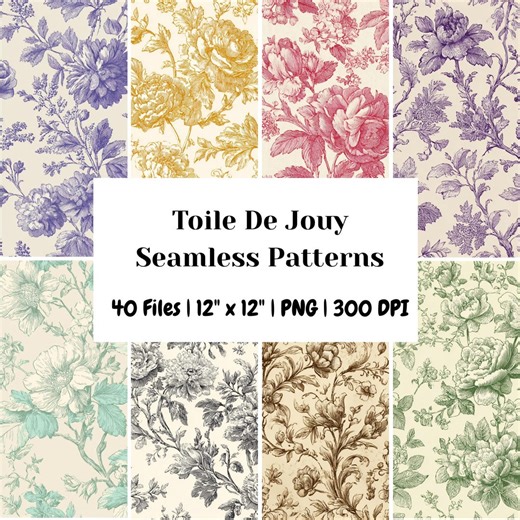 40種類のシームレスで繊細な花柄のトワルラインアートパターン、ヴィンテージの花柄彫刻デジタルペーパー、トワル・ド・ジュイの花柄シームレスパターンPNG - Etsy 日本