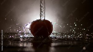 super slow motion of flowing water falling on a tomato with zoom out