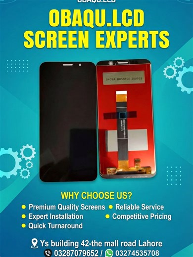 Lahore & Karachi! 🇵🇰 Need a reliable phone fix? OBAQU.LCD are your local SCREEN EXPERTS. From premium parts to reliable service, we ensure your device looks brand new again. Find us at Mall Road (Lahore) or Star City Mall (Karachi)! 📍 Check the image for contact details. ➡️ #OBAQULCD #ScreenExperts #MobileRepair #PhoneFix #ScreenReplacement #BrokenScreen #CrackedScreen #TechRepair #PremiumQuality #Pakistan #Lahore #Karachi #LahoreMallRoad #SaddarKarachi #StarCityMallKarachi:#LCDRepair #Mobile
