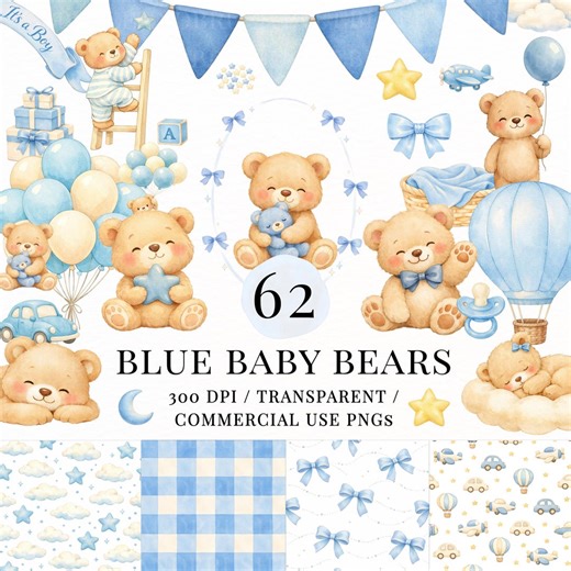Blue Teddy Bear Clipart Bundle PNG, Baby Boy Nursery Graphics, Cute Watercolor Baby Bear Clipart, Baby Shower Sublimation, Commerical Use - Etsy