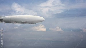 Legendary huge zeppelin airship on sky with clouds. Flying balloon animation. Big dirigible, spinning propellers and rudder. Long zeppelin, blue background, rigid airship.