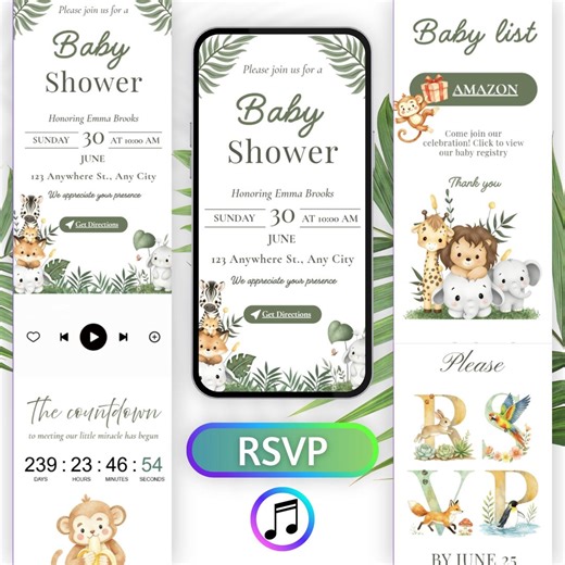 Animal Theme Baby Shower Invitation, Editable Digital Invite (canva) - Etsy