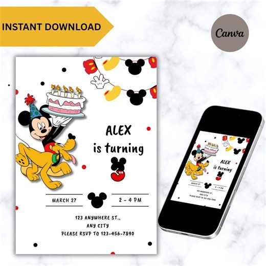 Mickey Mouse Pluto Birthday Invitation, Threedle Boy Birthday Party Mickey Mouse Invite Editable Canva Template, Instant Download Printable - Etsy