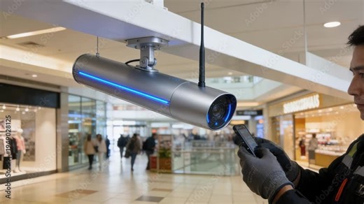 Technician adjusting a sleek distributed antenna system inside a busy shopping mall enhancing inbuilding cellular signal strength for improved customer connectivity.