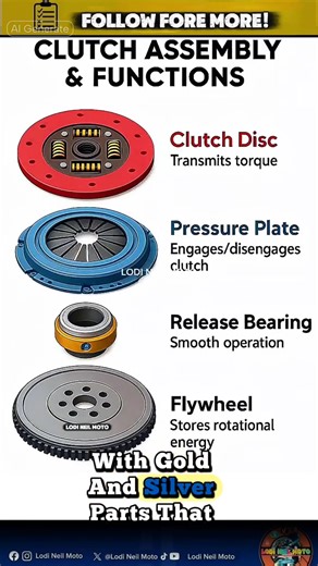 The image shows a diagram of a clutch assembly and its functions, with four main components labeled: - Clutch Disc: A red circular component with springs, designed to transmit torque. - Pressure Plate: A blue component that engages and disengages the clutch. - Release Bearing: A small, cylindrical component with gold and silver parts that ensures smooth clutch operation. - Flywheel: A gray, toothed, disc-shaped component that stores rotational energy. #fblifestyle #catalyticcleaning #lodineilmot