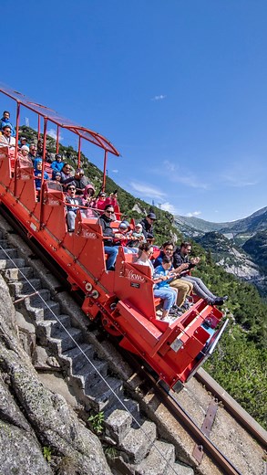 Movin Switzerland 🇨🇭 on Instagram: "📍Gelmerbahn 📹 @swissedmund Rattling and backwards, the Gelmerbahn takes you up to the turquoise mountain lake in 12 minutes. A gradient of 106 percent makes it undisputedly the steepest open funicular in Europe. The former industrial railway for transporting construction materials weighing tons is a marvel of technology and offers an unforgettable mountain railway experience. Once at the top, we recommend a walk around the wild 