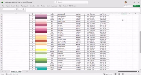 Copic Color Code Chart 72E Colors | Sketch Set | Excel Database HEX RGB HSL Value - Etsy