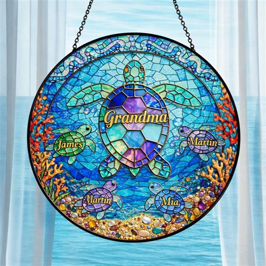 Custom Turtle Family Glass Suncatcher Gift for Mom on Mother S Day, Personalized Sea Turtle Window Decor With Kidsnames - Etsy
