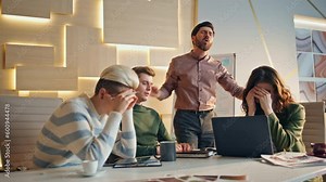 Stressed team disappointed work results in coworking place. Group business fail