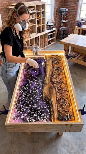 Luxury Carved Wood & Purple Resin Coffee Table! 🪵💜