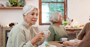Relax, friends and senior people with conversation, home and discussion with care, tea time and bonding. Retired, pensioner or group on break, aged and chatting with nostalgia, happy or retirement