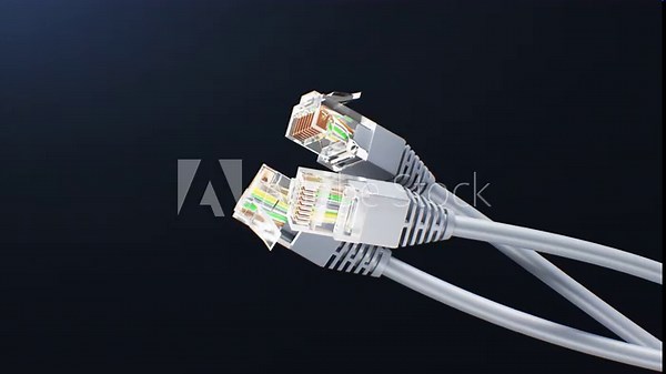 LAN Cables Turning on Black Background Loop 3d Animation. Ethernet Plugs and Network Wires Close-up Motion. Connections and Communications Equipment Cables Illustration. Cords Technology Concept 4k.