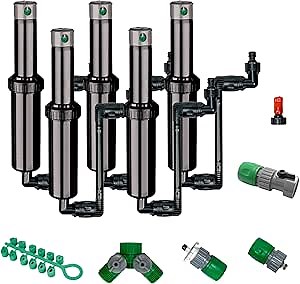 QSK-745 In-Ground 5-Inch Pop-Up Adjustable Sprinkler 5-Pack With Quick Hose Connectors And Splitters
