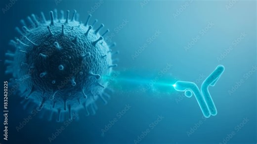Biotech breakthroughs in immunology and medicine research showing neutralizing antibody attacking virus particle, hopeful science concept for future healthcare innovation