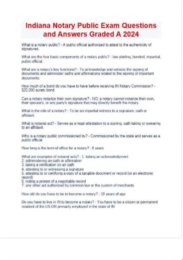 Indiana Notary Public Exam Questions and Answers Graded A 2024