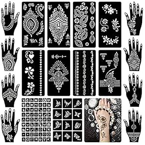 Koogel 18 Sheets Henna Tattoo Stencils, Temporary Flower Patterns Glitter Airbrush Tattoo Kits Arabian Stickers for Women and Girls Face Hand Paint Body Art