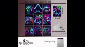 Ucninvd Game Posters Wall Art Set of 9, Neon Gaming Wall Decor Game Room Decor Paintings, Video Gamer Accessories Canvas Picture Prints for Boys Gamer Teen Room Bedroom Decor 8x10In Unframed