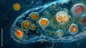 A detailed look at the internal structures of a ciliate including its nucleus food vacuoles and cytoplasm filled with granules and . AI generation.