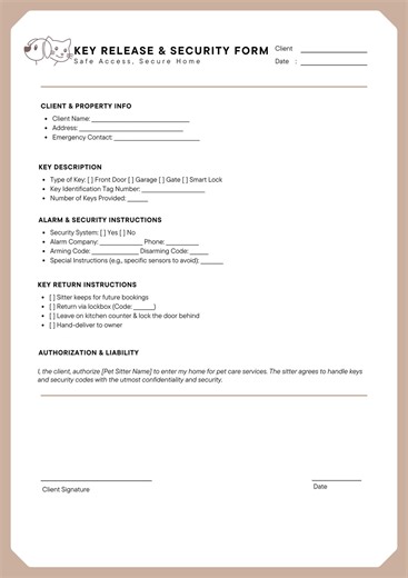 Editable Pet Sitter Key Release Form - Security Authorization Template (instant Digital Download) - Etsy