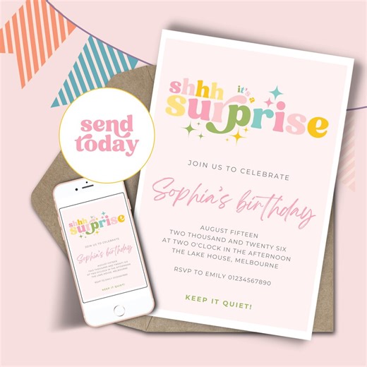 Pink Surprise Party Invitation Template, Shhh It’s a Surprise, Editable Invite, Girls Birthday, Instant Download, Printable