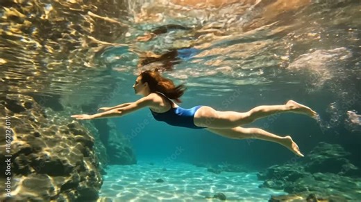Graceful woman in a blue swimsuit swimming underwater with beautiful light reflections in a serene aquatic environment