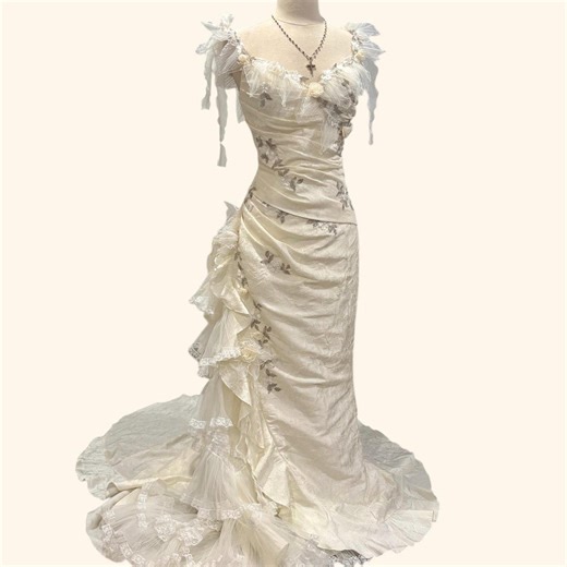 Vintage 90s Wedding Dress Ivory Lace Lace off Shoulder Bridal Gown White Dress Evening Floor Length Train Fairy Demetrios XS S - Etsy