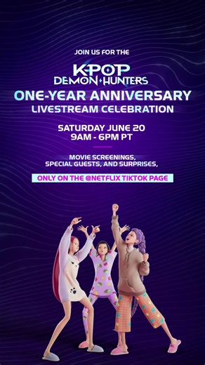 YOU’RE INVITED! ✨ Join us Saturday, June 20th for the official KPop Demon Hunters One-Year Anniversary Livestream Celebration. Light sticks UP! #KPopDemonHunters