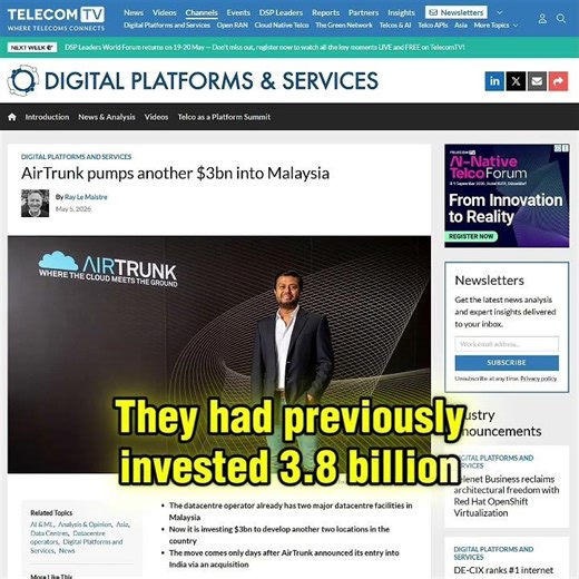 Australian Company AirTrunk to invest Usd 3 billion more in Malaysia to build two more Data Centers