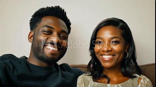 A loving couple sitting on sofa at home smiling