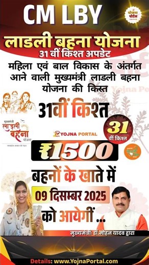 The 31st installment of ₹1500 under the Ladli Behna Yojana will arrive on December 9. #yojnaporta...