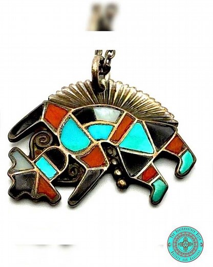 Old Pawn Zuni Rainbow Man Kachina Pendant Necklace Sterling Silver Turquoise Coral MOP