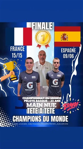 Champions du monde -23 ans main nue tête à tête !!🥇🥇félicitations à Julen, Xalbat et coach Manu !! 🎉🥳🥰 | Fédération Française Pelote Basque