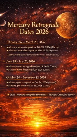 Here are the Mercury retrograde periods (actual backward motion) for 2026 (the dates when Mercury appears to go backward from Earth’s viewpoint): 🔁 Mercury Retrograde Dates 2026 February 26 – March 20, 2026 • Mercury turns retrograde on Feb 26, 2026 (Pisces) • Mercury turns direct again on Mar 20, 2026 (Pisces) (Shadow periods extend before/after for review and slowdowns.) June 29 – July 23, 2026 • Mercury turns retrograde on Jun 29, 2026 (Cancer) • Mercury turns direct on Jul 23, 2026 (Cancer)