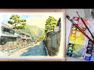 まっすぐな道は一点透視 ／ 滋賀県・近江八幡 【透明水彩風景画】 Shiga Japan 【Watercolor】