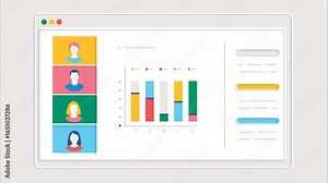 Animated online meeting with data charts, video call presentation for business teamwork and project updates