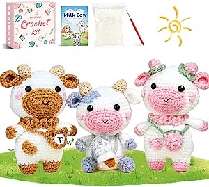 MAGIMUSE Crochet Kit for Beginners, Crochet Starter Kits for Adults w Step-by-Step Video Tutorials, Amigurumi Craft DIY Knitting Supplies, Crocheting Animals Kits, 3 Pcs Cow (40%+ Yarn)