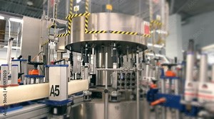 Bottling and sealing conveyor line at winery factory, labeling machine