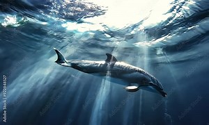 Dolphin Swimming Gracefully Under Sunlit Ocean with ai generated.