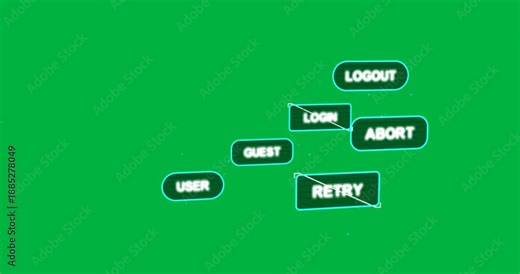 Glitch starting neon UI buttons on transparent canvas, selection box moving to RETRY to retry