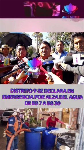 DISTRITO 9 SE DECLARA EN EMERGENCIA POR ALZA DEL AGUA DE BS 7 A BS 30 Más de 30 OTBs y juntas vecinales de la Mancomunidad Cobol, en el Distrito 9 de Cochabamba, se declararon en emergencia por el encarecimiento del agua de cisternas, que subió de Bs 7 a entre Bs 20 y 30. Denunciaron agresiones a cisterneros voluntarios y exigieron al alcalde y al Concejo Municipal una ley que permita la venta libre y fije el precio en Bs 10, al considerar el agua un derecho humano. #Cochabamba #Distrito9 #Agua 