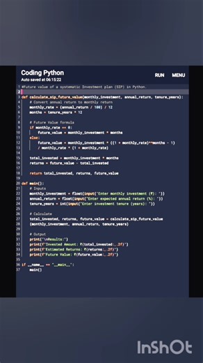 Future value of a systematic Investment plan (SIP) in Python #pythonprogram #coding #coder #code #c