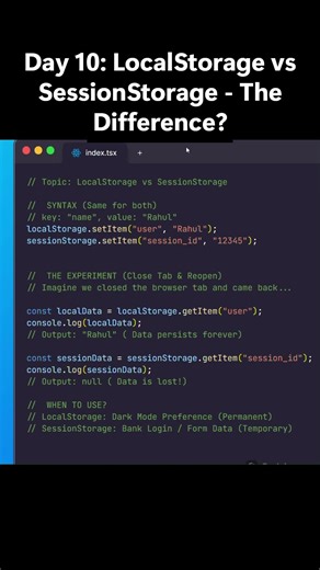 Day 10: LocalStorage vs SessionStorage - The Difference? #coding #interview #frontend #code #shorts