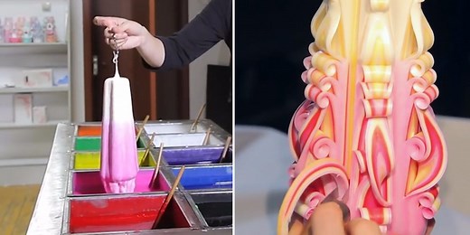 Watch hand-carved Russian candles being dipped into colourful wax and decorated with amazing precision